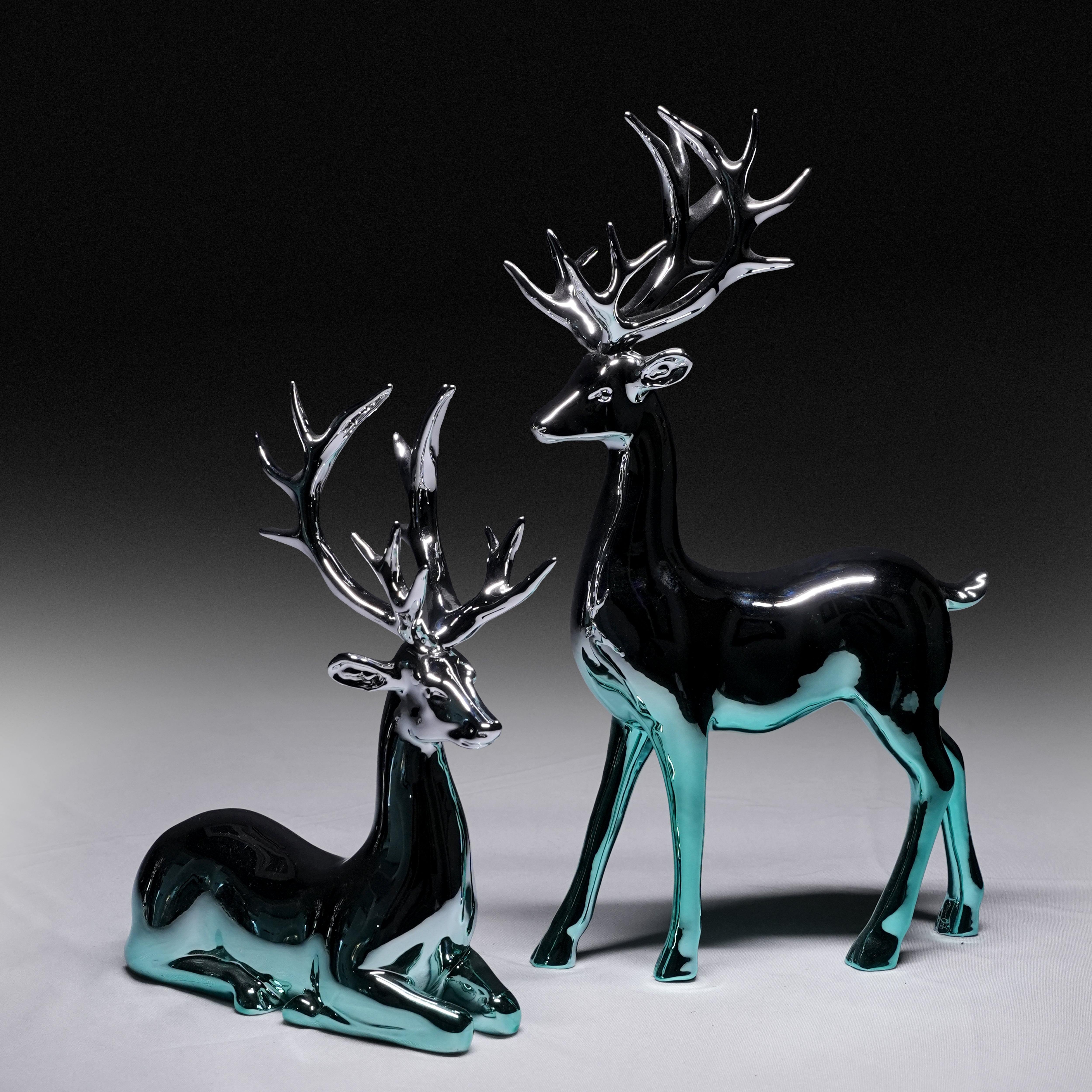 Nocturne Deer — Chrome turquoise blue Sculpture Set